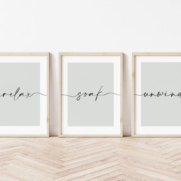 Set Of 3 Bathroom Prints, Relax Soak Unwind, Sage Green