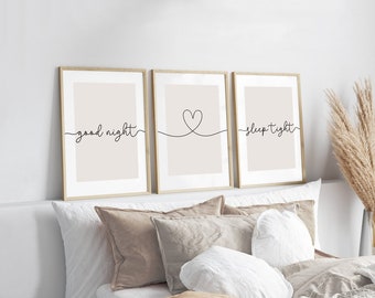 Bedroom Prints, Good Night Prints, Sleep Tight, Set of 3, Neutral Bedroom Print, Beige Home Prints, Love Print, Above Bed Prints, Wall Art