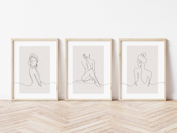 Bathroom Prints, Woman Line Art, Set of 3, Bathroom Wall Art, Neutral Wall Prints, Female Body Print, Beige Neutral Home, Modern Home Decor