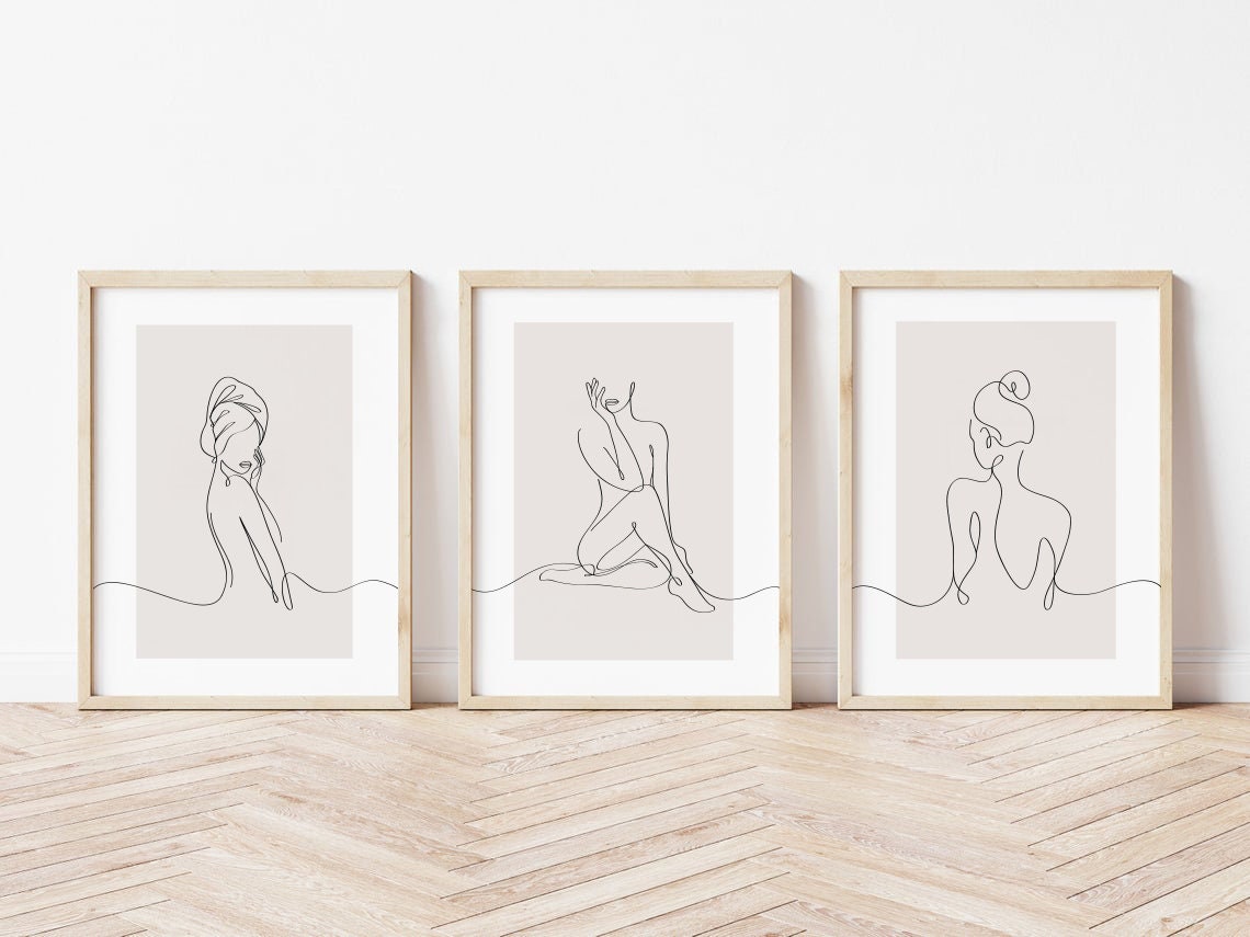 Bathroom Prints, Woman Line Art, Set of 3, Bathroom Wall Art, Neutral Wall Prints, Female Body Print, Beige Neutral Home, Modern Home Decor