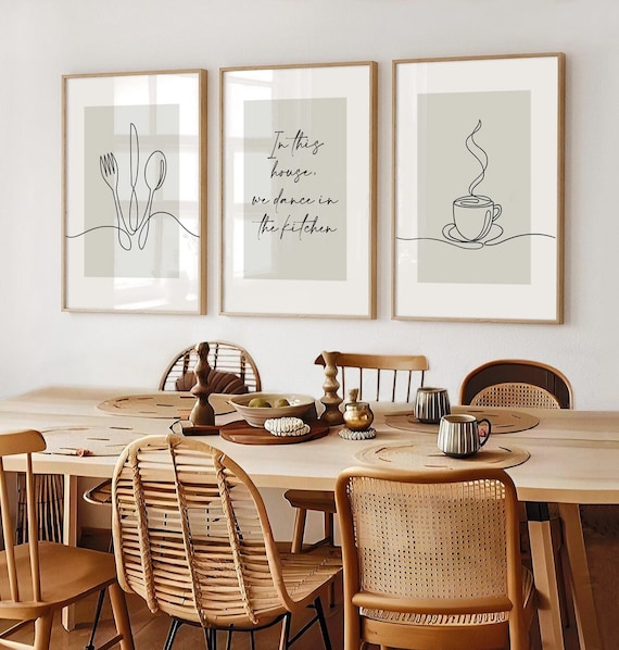 Sage Green Kitchen Prints, Dining Room Prints, Set of 3, Kitchen Wall Art, Dance in the Kitchen, Beige Home Decor, Neutral Home Print, Beige