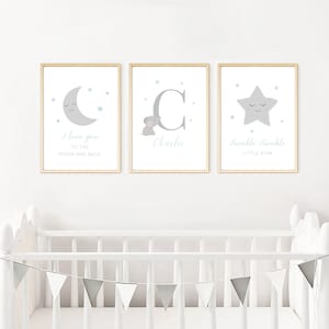 Personalised Name Baby Boy Print, Set of 3, Elephant, Moon Star Print, Nursery Prints, New Baby, Bedroom, Christening Gift, Grey Blue, A3 A4