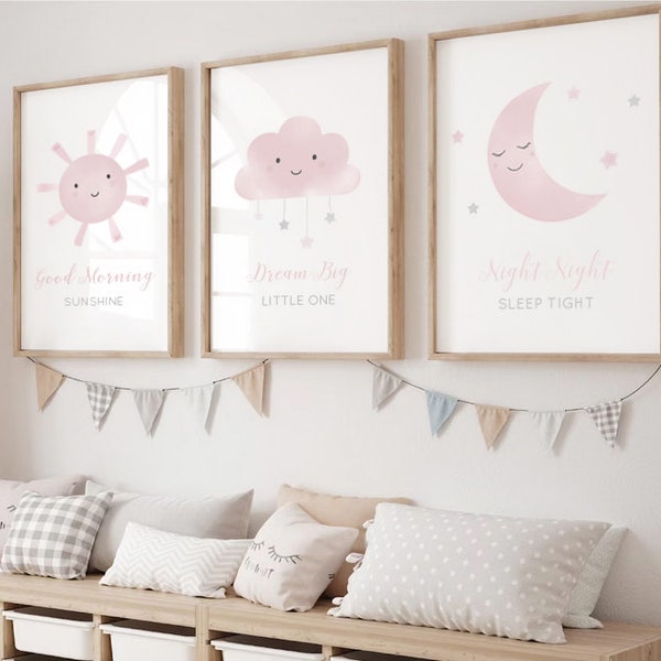 Moon Sun Cloud Prints - Set of 3, Baby Girl Print, Nursery Prints, Nursery Wall Art, New Baby, Grey Pink Bedroom, Neutral Nursery Prints