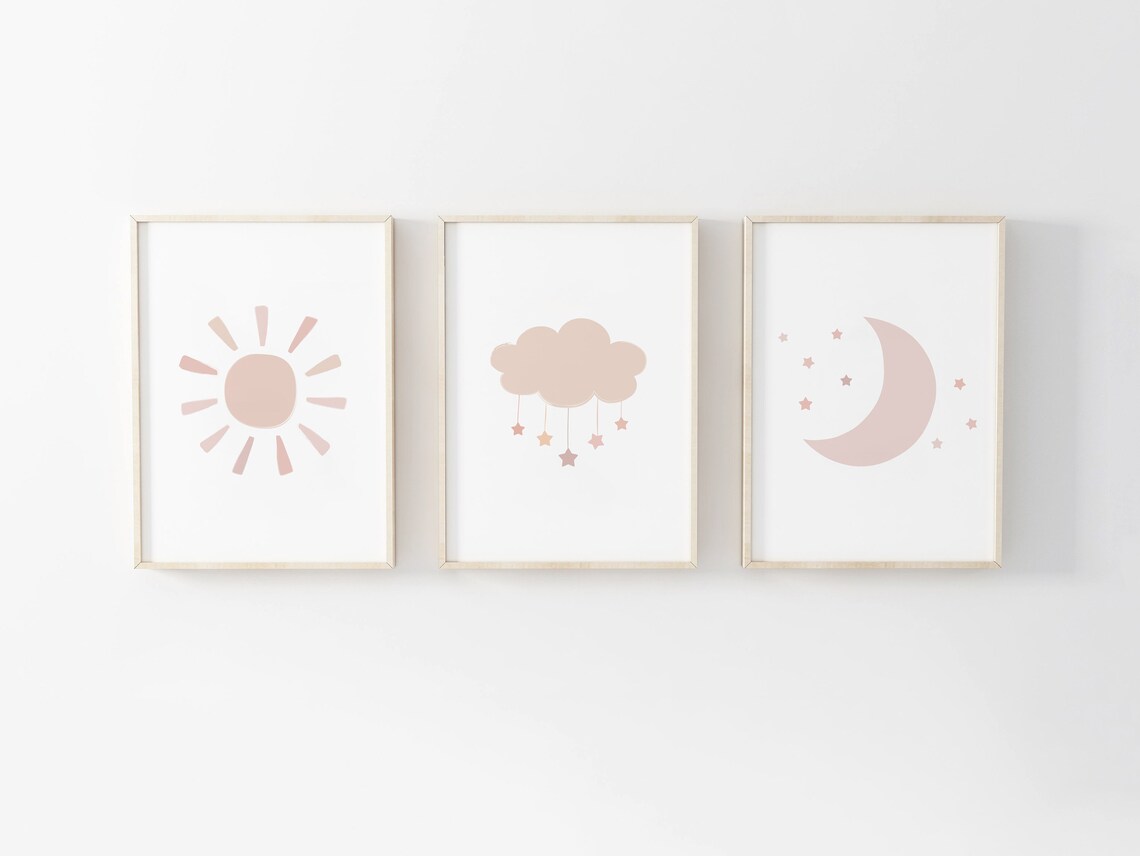 Gender Neutral Cloud Moon Sun Prints - Set of 3, Baby Girl Print, Beige ...