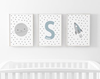 Neutral Personalised Name Prints, Space Prints, Set of 3, Baby Boy Print, Nursery Print, Nursery Wall Art, Boys Bedroom, Space Print, Rocket