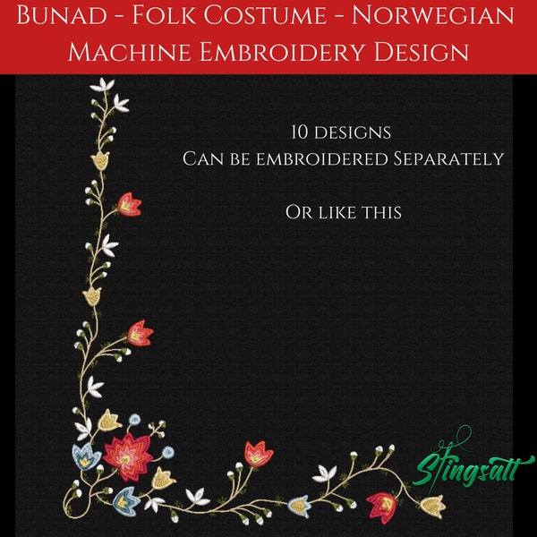 Bunad Embroidery Design - Folk Costume From Norway and Scandinavia -  18th century - For machine embroidery - Set of 10