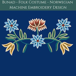 Könnte beinhalten: Ein Maschinenstickmuster mit einem floralen Motiv mit blauen, gelben, grünen und roten Blumen auf dunkelblauem Hintergrund. Das Design trägt den Titel "Bunad - Trachten - Norwegisches Maschinenstickdesign".