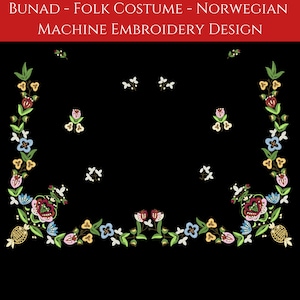 May include: A machine embroidery design featuring a floral pattern with red, pink, blue, yellow, and green flowers. The design is perfect for creating a traditional Norwegian folk costume.