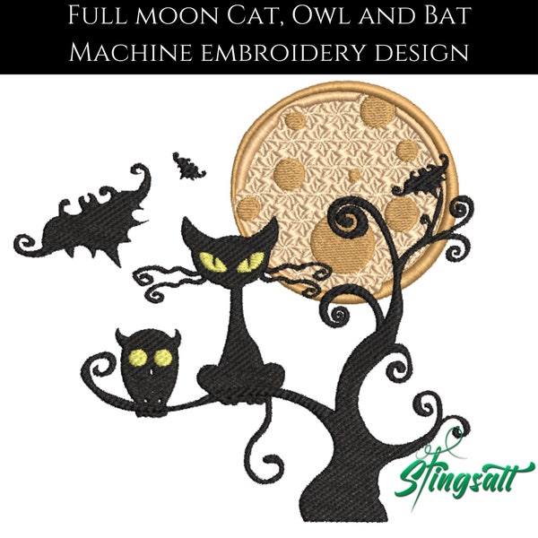 Witchy Witch Cat - Mystic owl Cat - Full moon Design - Owl, Cat and Bat Design for machine embroidery