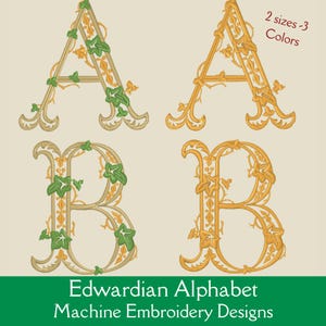 May include: Machine embroidery designs for the letters A and B in two sizes. The letters are in a gold color with green ivy vines and leaves.