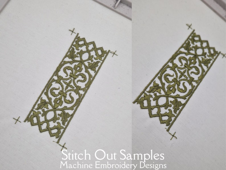 May include: A close-up of two embroidered designs, each featuring a repeating pattern of intricate floral motifs in a green color. The designs are stitched on a white fabric background.