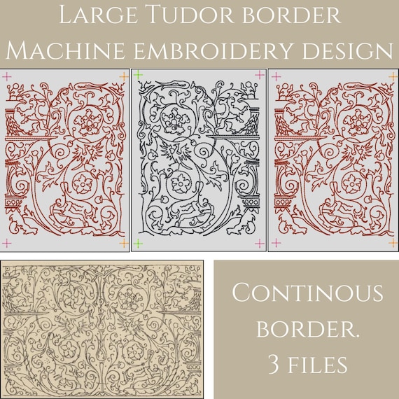 Wide Tudor Machine Embroidery Design. Continuous border design. Medieval patterns