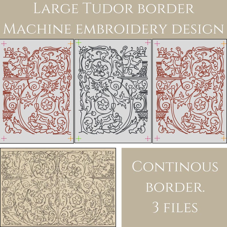 May include: Three digital embroidery designs of a large Tudor border. The designs are in black and white, red and white, and a continuous border in black and white. The designs feature a repeating pattern of stylized flowers, leaves, and vines.