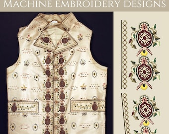 May include: A white waistcoat with intricate embroidery designs. The waistcoat features a high collar, a button closure, and two pockets. The embroidery includes floral motifs, geometric patterns, and small circles. The image also shows a close-up of the embroidery design, which is repeated on the waistcoat.
