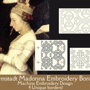 Tudor Border Embroidery. Darmstadt Madonna.  Historical Machine Embroidery for Weddings. Blackwork Designs