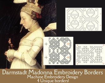 Tudor Border Embroidery. Darmstadt Madonna.  Historical Machine Embroidery for Weddings. Blackwork Designs