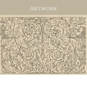 May include: A black and white line drawing of a symmetrical pattern with floral motifs and stylized birds. The pattern is repeated throughout the image.
