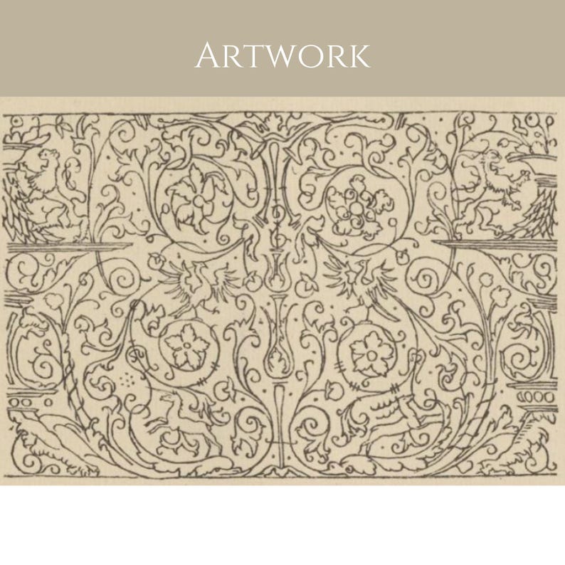 May include: A black and white line drawing of a symmetrical pattern with floral motifs and stylized birds. The pattern is repeated throughout the image.