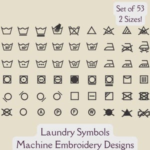May include: A set of 53 black and white laundry care symbols for machine embroidery designs. The symbols include instructions for washing, drying, ironing, and bleaching. The set includes two sizes.