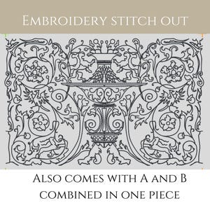 May include: Black and white embroidery design featuring a stylized vase with floral and bird motifs. The design is labeled "Embroidery Stitch Out" and "Also comes with A and B combined in one piece".