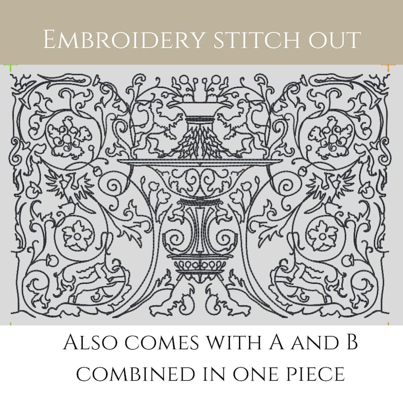 May include: Black and white embroidery design featuring a stylized vase with floral and bird motifs. The design is labeled "Embroidery Stitch Out" and "Also comes with A and B combined in one piece".