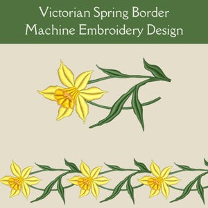 Könnte beinhalten: Ein Stickmuster für eine Maschine, das eine gelbe Narzissenblüte mit grünen Blättern zeigt. Das Design ist perfekt, um einen Frühlingsrand auf Stoff zu erstellen.