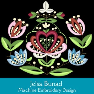May include: A machine embroidery design featuring a floral motif with pink, red, white, and blue flowers. The design is titled "Jelsa Bunad" and is suitable for embroidery projects.