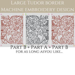 May include: A machine embroidery design featuring a repeating Tudor border pattern. The design is shown in two color variations: red and black. The text "PART B + PART A + PART B FOR AS LONG ASYOU LIKE..." is included in the image.