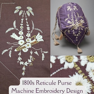 Peut inclure: Un gros plan d'une bourse en tissu marron avec des broderies blanches et dorées. La bourse est une reticule, un petit sac populaire au XIXe siècle. La broderie présente un motif floral avec un petit oiseau stylisé.
