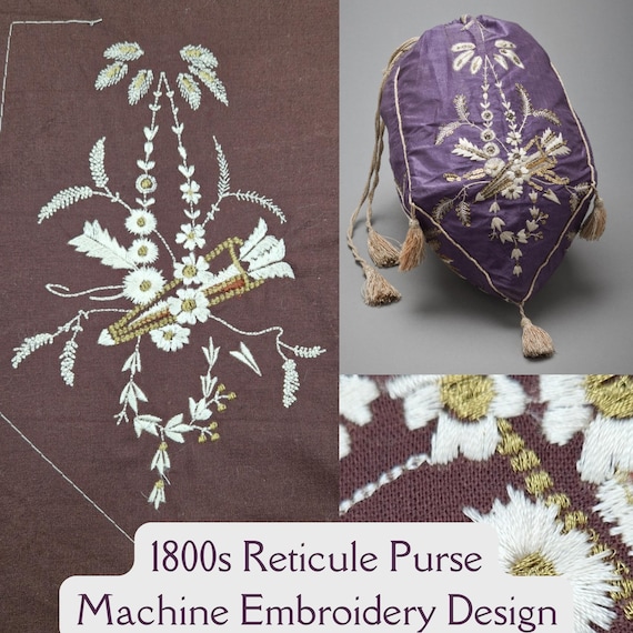 Bridgerton Reticule Purse for Machine Embroidery. Historical Accessories 19th century. Regency