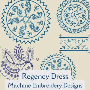 May include: Regency Dress Machine Embroidery Designs.  A set of four blue and white embroidery designs featuring floral and paisley patterns.
