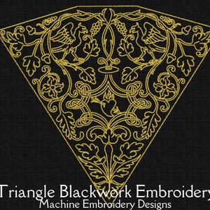 May include: Gold triangle embroidery design featuring a blackwork pattern of stylized birds and vines. The design is perfect for a variety of projects, including clothing, home decor, and accessories.