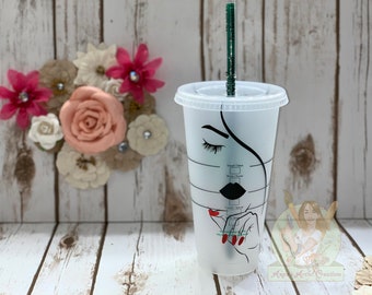 Women with Red Nails Starbuck Reusable Cold Cup | Starbucks Venti Reusable Cup | Starbucks Women Inspired Silhouette Cup | Name | Feminine