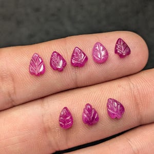 May include: Eight small, vibrant pink gemstones carved into the shape of leaves with visible vein detailing. The stones are arranged in two rows, with five in the top row and three in the bottom row, showcasing a polished, translucent finish.