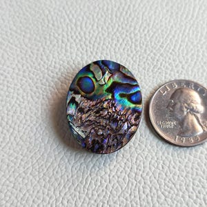 Op de afbeelding: Een ronde, iriserende abalone-schelpknop met een blauw, groen en paars kleurenschema. De knop is ongeveer zo groot als een Amerikaanse kwart.