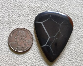 Op de afbeelding: Een zwarte gitaarplectrum met een wit craquelé-patroon. De plectrum is hartvormig en ongeveer zo groot als een Nederlandse 1-euro munt.