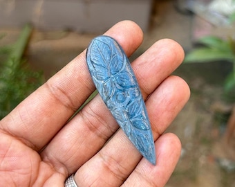 Very Beautifully Carved Long Pear Shape Kyanite Gemstone, Loose Kyanite Carvings, Flower Cut Carvings, Kyanite Carvings For Pendant Making