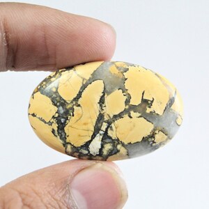 May include: A yellow and brown oval cabochon gemstone with a unique pattern of black and white veins. The stone is smooth and polished.