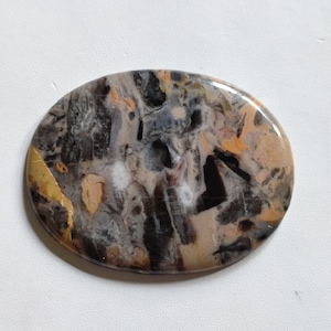 May include: A close-up of a polished oval-shaped agate stone with a swirling pattern of black, white, brown, and gold.
