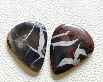 May include: Two teardrop-shaped polished stones with a black, brown, and white dendritic pattern. The stones have a glossy finish.