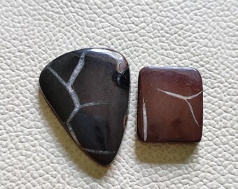 May include: Two cabochon stones with a dark brown base and white veins. The stone on the left is a teardrop shape, and the stone on the right is a square shape.