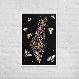 Impressão emoldurada | Mapa floral de Israel | Judaica por Yael Flatauer | Letras hebraicas | Decoração Eretz Yisrael | Arte de parede judaica | Terra Santa
