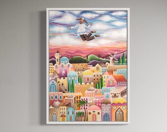 Judaica Art - Framed Jewish Art Print - The Flying Hasid - Jerusalem Landscape - Art from Israel - Jewish Home Decor - by Yael Flatauer