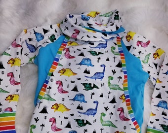 Dinosaurs! Colorful,  fun bright colors, Light to mid weight sweatshirt, large front pocket, cowl neck, Unisex 5T, striped trim, Aqua base,