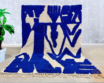 Blue Morrocan Rug, Rug for living room, Area Rug 8x10, Striped Tufted rugs, Moroccan Rug Handmade, Wool Beni Ourain Rug, berber Rug, , Gifts