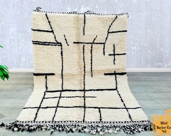 Marockansk matta Handknuten 1,2 m x 1,8 m - Beni Ourain-matta 13x15 cm - Berbermatta i ull - Specialbeställd matta - Handgjord matta - Äkta lammull