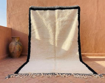 Moroccan Beni Ourain Rug Cream Wool Black Border Minimalist Handmade Berber Carpet Custom Area