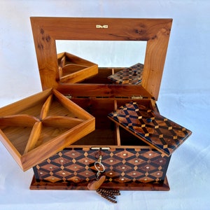12"×8" Wooden Jewelry Box with Mirror, Moroccan jewelry Box, Handmade Jewelry Box, wedding wood memory box, thuya wooden burl Jewelry Box