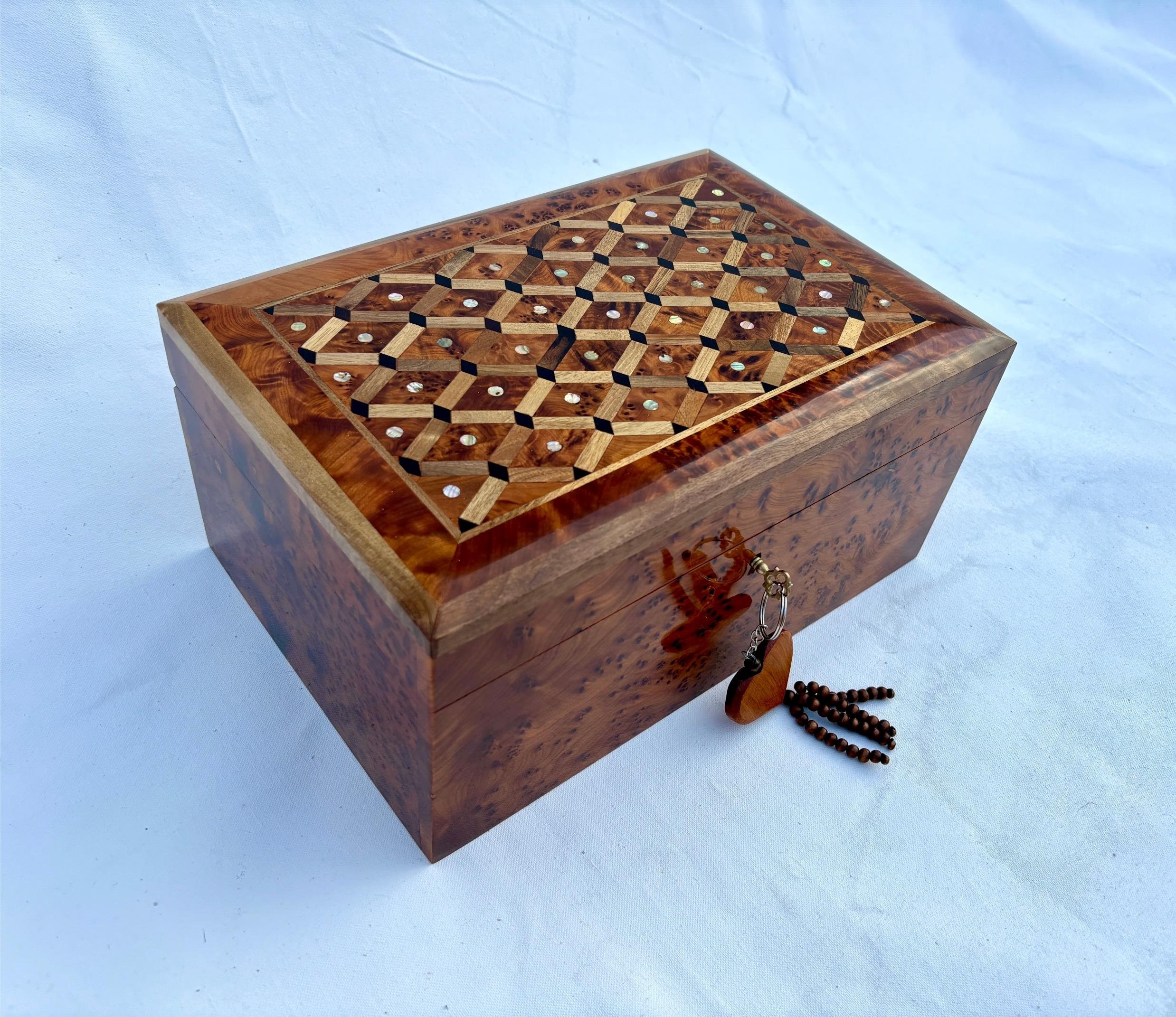 12"×8" Jewelry Box Wood Burl, Handmade Jewelry Box with lock ,Moroccan Wooden Jewelry Box,  Handmade Solid Thuya wood Burl jewellry Box