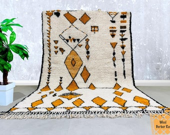 Alfombra Beni Ourain – Alfombra marroquí de lana color mostaza – Alfombra bereber tribal geométrica hecha a mano